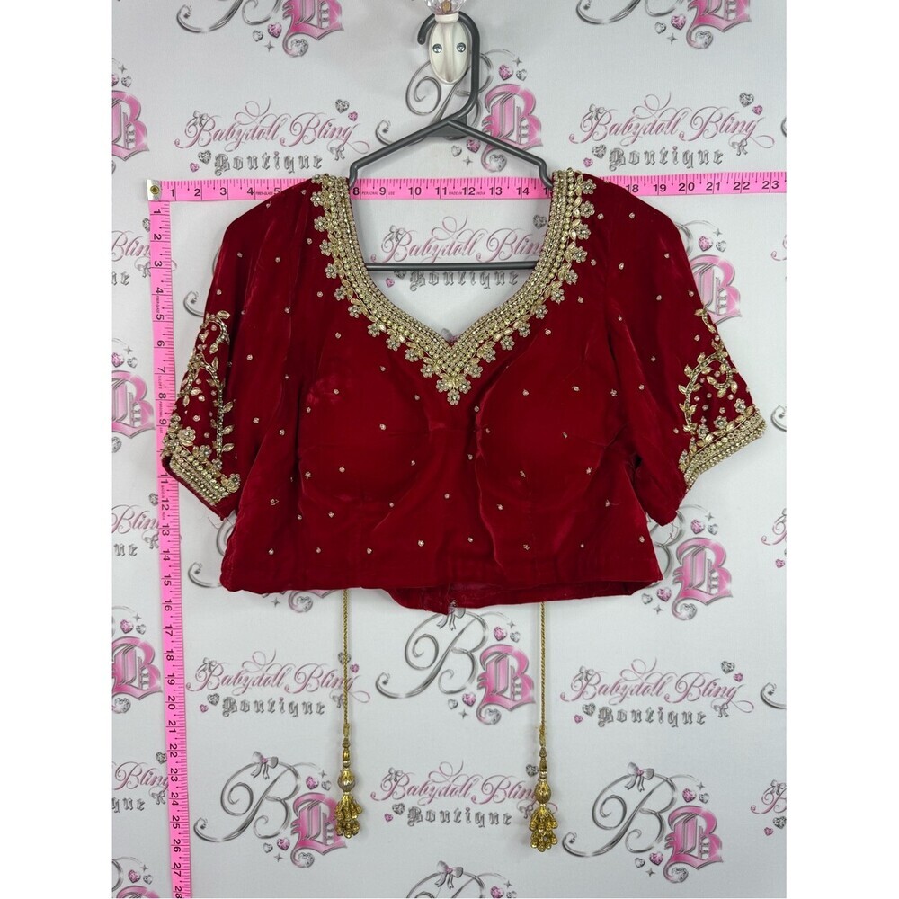 Crop beaded top Elegant Red Embellished Women's Blouse with Gold Detailing